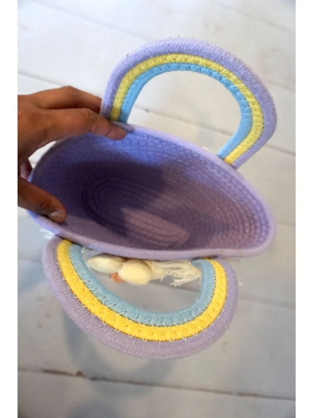 Handwoven Purple Round Bag With Floral Applique Handles